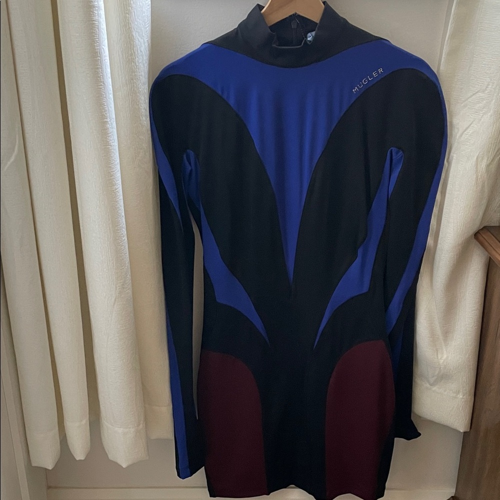 Mugler Black and Blue Long Sleeve Dress with Maroon Accents